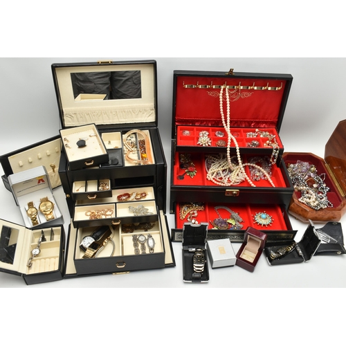 132 - A BOX OF JEWELLERY BOXES AND ASSORTED COSTUME JEWELLERY, to include two black jewellery boxes and a ... 