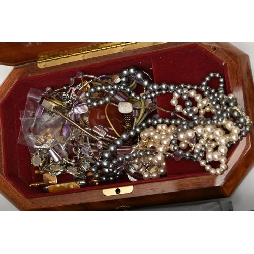 132 - A BOX OF JEWELLERY BOXES AND ASSORTED COSTUME JEWELLERY, to include two black jewellery boxes and a ... 