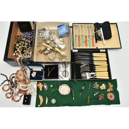 133 - A BOX OF ASSORTED ITEMS, to include a selection of costume jewellery, spectacles, two cased sets of ... 