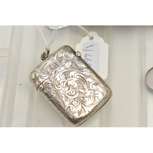 135 - A SILVER VESTA CASE AND ASSORTED WHITE METAL WARE, the foliate engraved vesta case with engraved car... 