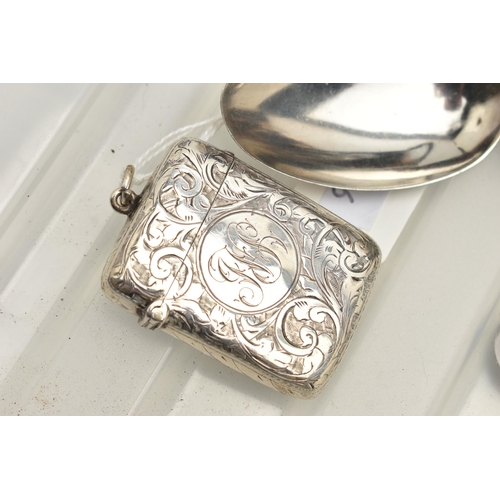 135 - A SILVER VESTA CASE AND ASSORTED WHITE METAL WARE, the foliate engraved vesta case with engraved car... 