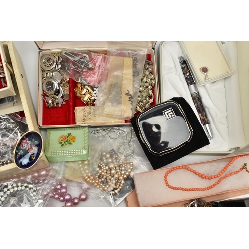 136 - A QUANTITY OF WHITE METAL AND COSTUME JEWELLERY, to include a coral bead necklace, an early to mid-2... 