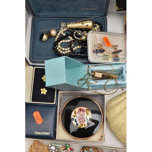 138 - A BOX OF ASSORTED COSTUME JEWELLERY AND ITEMS, to include beaded necklaces, chains, cufflinks, earri... 