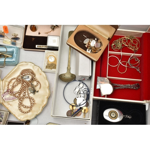 138 - A BOX OF ASSORTED COSTUME JEWELLERY AND ITEMS, to include beaded necklaces, chains, cufflinks, earri... 