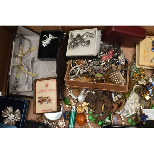 139 - A BOX OF ASSORTED COSTUME JEWELLERY,  to include a selection of necklaces, bracelets, rings, and bro... 