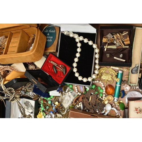 139 - A BOX OF ASSORTED COSTUME JEWELLERY,  to include a selection of necklaces, bracelets, rings, and bro... 