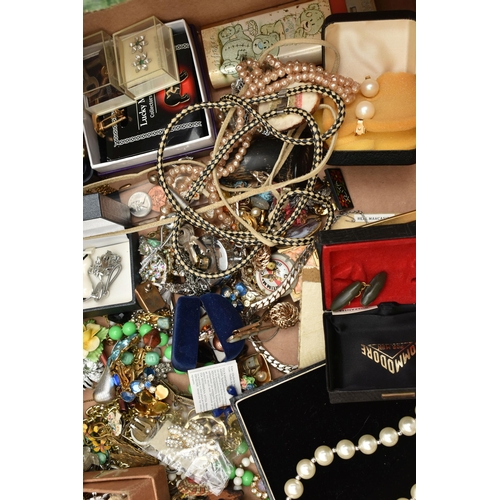 139 - A BOX OF ASSORTED COSTUME JEWELLERY,  to include a selection of necklaces, bracelets, rings, and bro... 