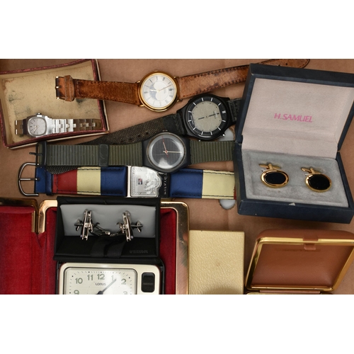 140 - A BOX OF ASSORTED WRISTWATCHES AND COSTUME JEWELLERY, a small quantity of gents wristwatches with na... 