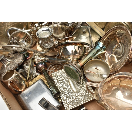 142 - A BOX OF ASSORTED WHITE METAL WARE, to include a four piece EPNS tea service set, basket trays, posy... 