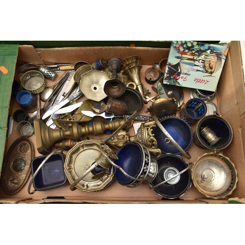 143 - THREE BOXES OF ASSORTED ITEMS, to include silver plate table ware, an assortment of hip flasks, a nu... 