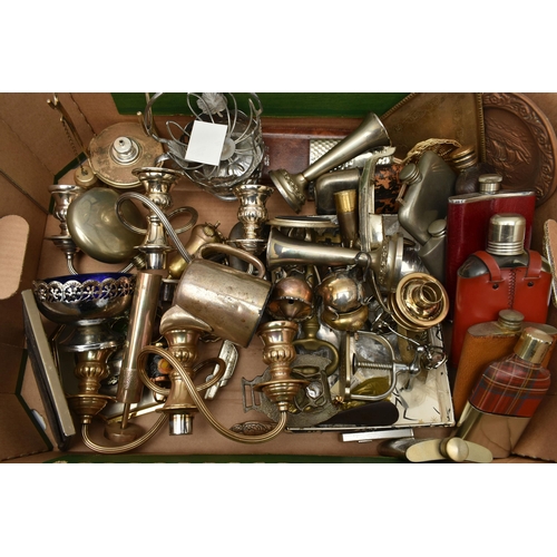 143 - THREE BOXES OF ASSORTED ITEMS, to include silver plate table ware, an assortment of hip flasks, a nu... 