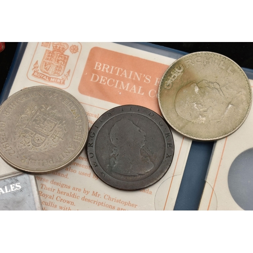 145 - A BOX LID AND EMPTY COIN CASE, to include a 1986 BU coin set, a 1949 Royal Life Saving award to a Br... 