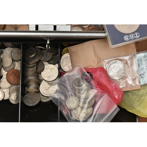 146 - A LARGE CARDBOARD BOX OF COINS AND COMMEMORATIVES AND A SMALL AMOUNT OF SILVER CONTENT COINS, The 80... 