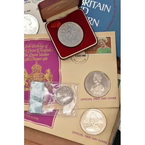 146 - A LARGE CARDBOARD BOX OF COINS AND COMMEMORATIVES AND A SMALL AMOUNT OF SILVER CONTENT COINS, The 80... 