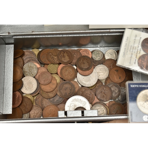 146 - A LARGE CARDBOARD BOX OF COINS AND COMMEMORATIVES AND A SMALL AMOUNT OF SILVER CONTENT COINS, The 80... 