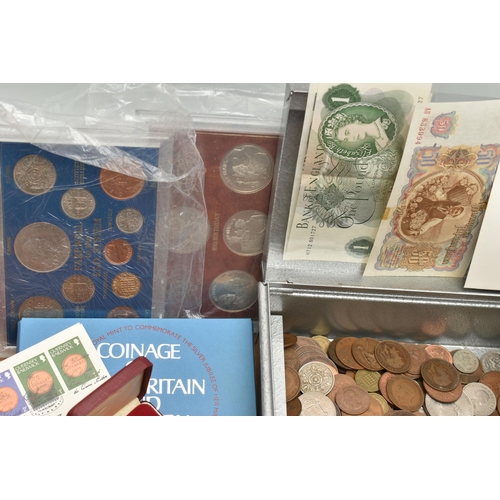 146 - A LARGE CARDBOARD BOX OF COINS AND COMMEMORATIVES AND A SMALL AMOUNT OF SILVER CONTENT COINS, The 80... 