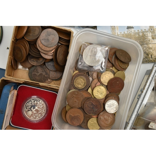 147 - A LARGE CARDBOARD BOX CONTAINING MIXED COINAGE, to include approximately 290 grams of mixed silver c... 