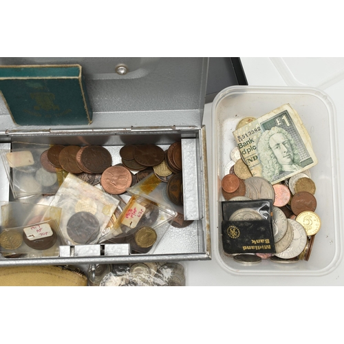 147 - A LARGE CARDBOARD BOX CONTAINING MIXED COINAGE, to include approximately 290 grams of mixed silver c... 