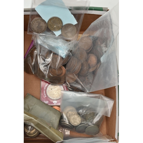 148 - A SMALL CARDBOARD BOX OF UK COINS AND COMMEMORATIVES, to Include approximately 150 grams of Silver c... 