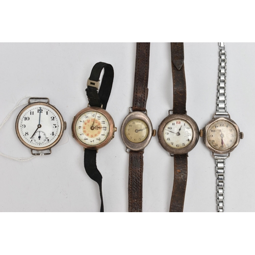 63 - ASSORTED WRISTWATCHES, all require some attention, five in total, four with silver cases with London... 