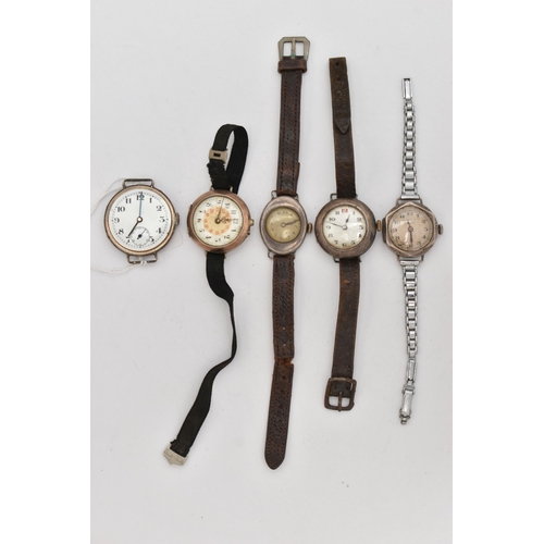 63 - ASSORTED WRISTWATCHES, all require some attention, five in total, four with silver cases with London... 