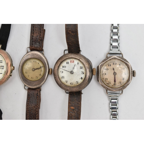 63 - ASSORTED WRISTWATCHES, all require some attention, five in total, four with silver cases with London... 