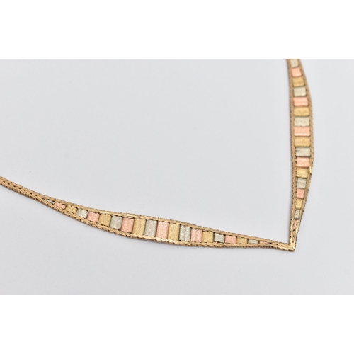 65 - A 9CT GOLD TRI-COLOUR NECKLACE, the tapered V-shape necklace with flattened herringbone chain, to th... 