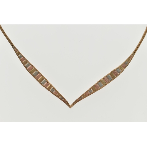 65 - A 9CT GOLD TRI-COLOUR NECKLACE, the tapered V-shape necklace with flattened herringbone chain, to th... 