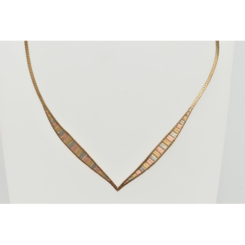 65 - A 9CT GOLD TRI-COLOUR NECKLACE, the tapered V-shape necklace with flattened herringbone chain, to th... 