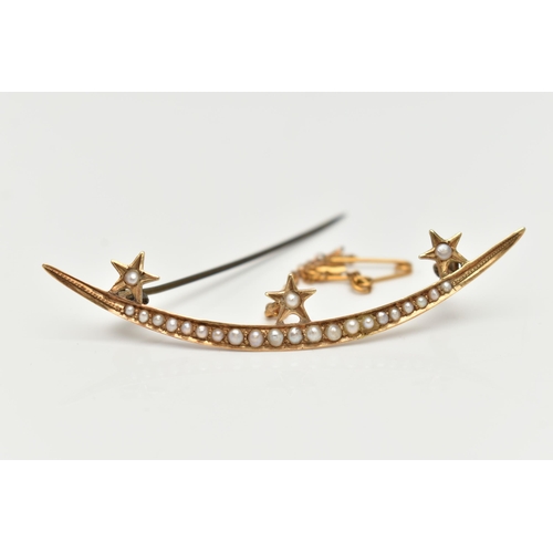 66 - A SEED PEARL BROOCH, designed as three stars atop a crescent shape line, all set with split pearls, ... 