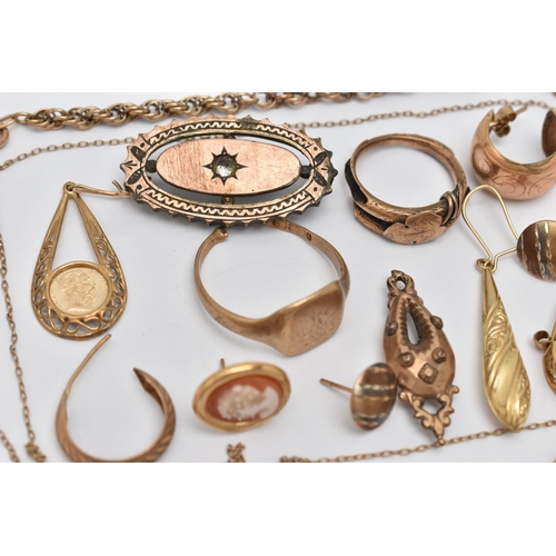 73 - A SELECTION OF JEWELLERY, to include a pair of tri-colour ear studs, single ear hoops and drop earri... 