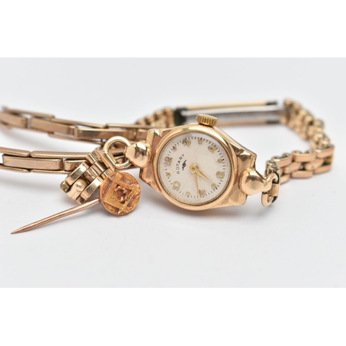 83 - A LADIES 9CT GOLD CASED WRISTWATCH AND A WATCH BRACELET, a manual wind 'Rotary' wristwatch, round cr... 