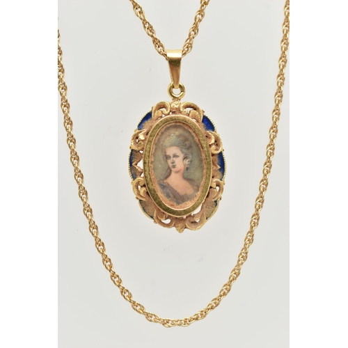 85 - AN 18CT GOLD PORTRAIT PENDANT AND CHAIN, an oval miniature portrait pendant, depicting a lady in pro... 