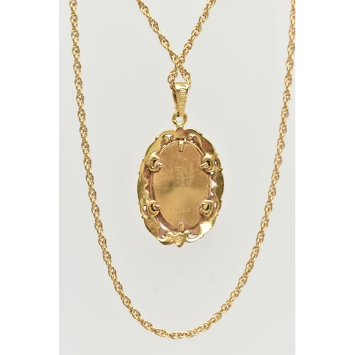 85 - AN 18CT GOLD PORTRAIT PENDANT AND CHAIN, an oval miniature portrait pendant, depicting a lady in pro... 