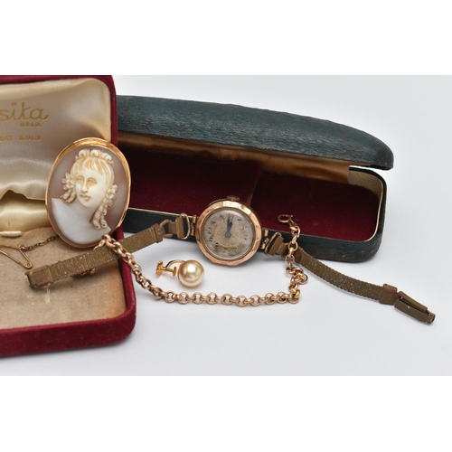 86 - FOUR ITEMS OF JEWELLERY, to include a 14ct gold oval cameo, depicting a lady in profile, collet set ... 