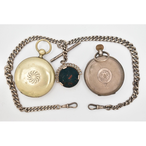 89 - TWO OPEN FACE POCKET WATCHES, A SILVER ALBERT CHAIN AND FOB, a silver cased pocket watch hallmarked ... 