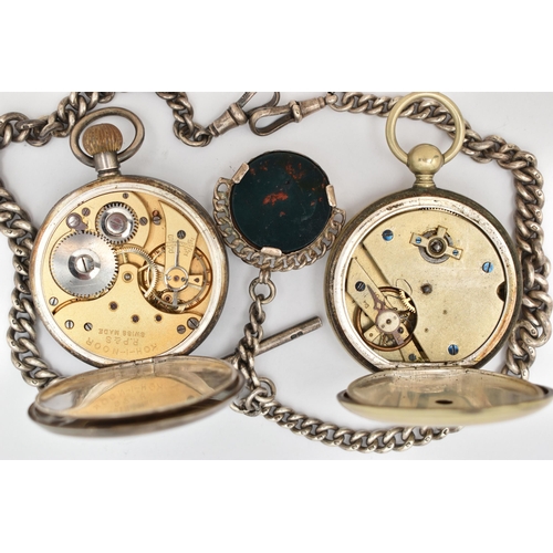 89 - TWO OPEN FACE POCKET WATCHES, A SILVER ALBERT CHAIN AND FOB, a silver cased pocket watch hallmarked ... 