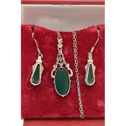 91 - A WHITE METAL GREEN CHALCEDONY PENDANT NECKLACE AND MATCHING EARRINGS, art deco style, the pendant s... 