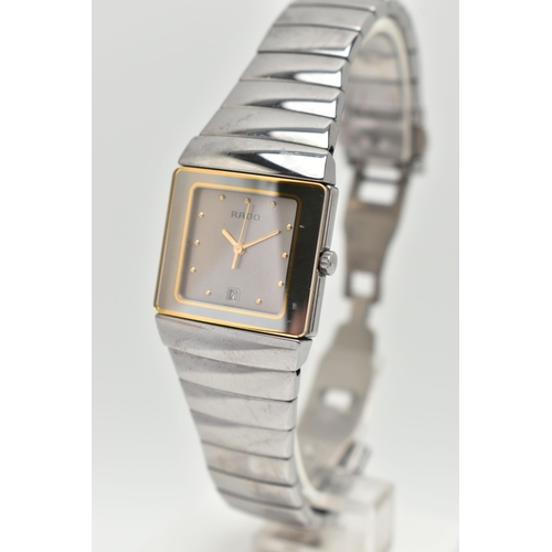 93 - A LADIES 'RADO' WRISTWATCH, quartz movement, square silver dial signed 'Rado', spot markers and gold... 