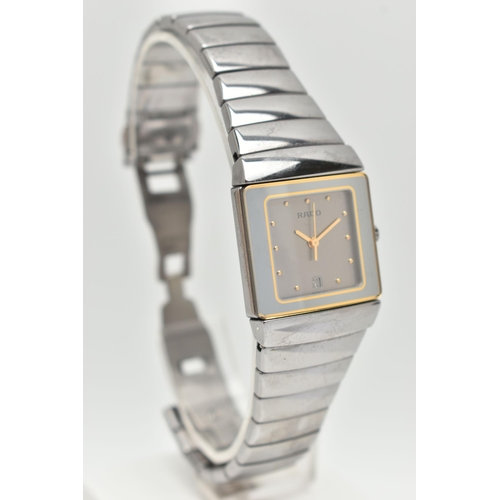 93 - A LADIES 'RADO' WRISTWATCH, quartz movement, square silver dial signed 'Rado', spot markers and gold... 