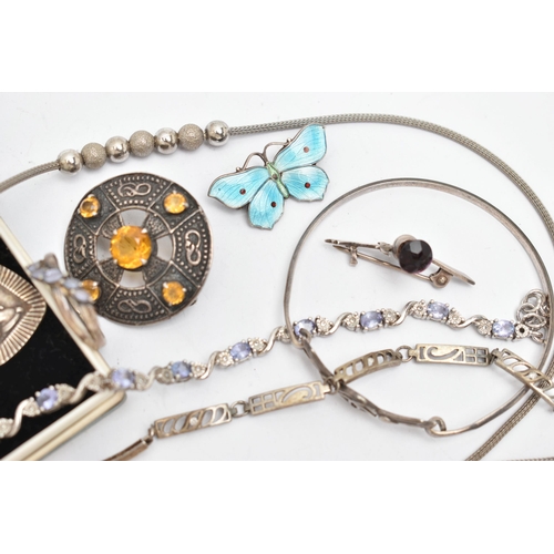 95 - A SMALL QUANTITY OF JEWELLERY, to include a white metal and blue enamel butterfly brooch, stamped 'S... 