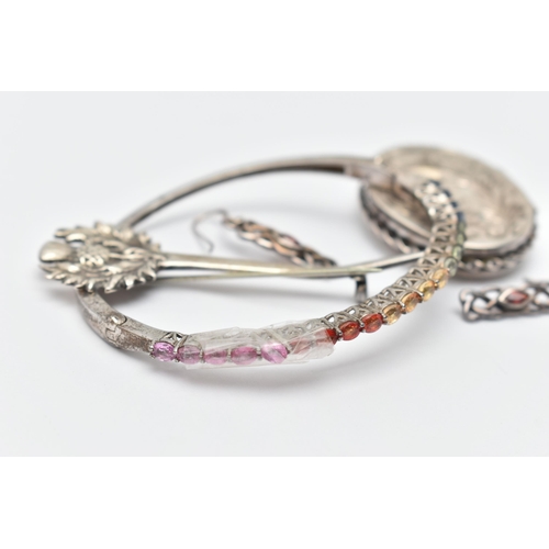 98 - FOUR ITEMS OF JEWELLERY, to include a white metal hinged bangle, set with a row of oval cut stones, ... 