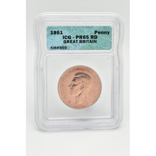 152 - A 1951 GEORGE V1 PROOF PENNY COIN SLABBED and GRADED by  I.C.G. And Verified PR65 RD (1415600101)