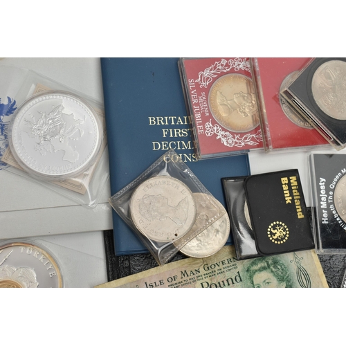 153 - A SMALL CARDBOARD BOX CONTAINING MIXED COINAGE, to include Banknotes Peppiatt X65H circulated, page ... 