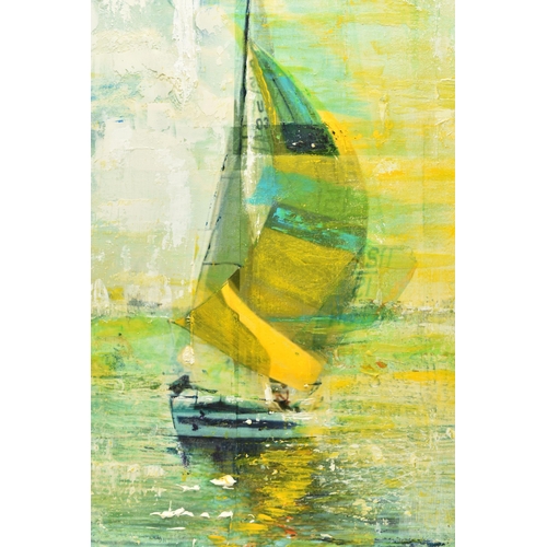 309 - GILL STORR (BRITISH CONTEMPORARY) 'GUST', a contemporary depiction of a yacht under sail, signed bot... 