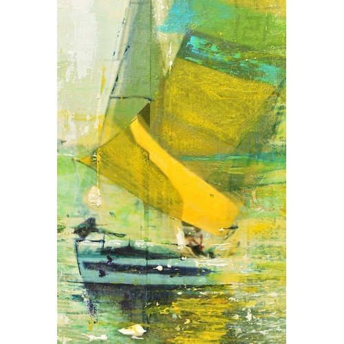 309 - GILL STORR (BRITISH CONTEMPORARY) 'GUST', a contemporary depiction of a yacht under sail, signed bot... 