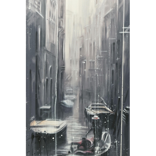 312 - KRIS HARDY (BRITISH 1978) ' VENETIAN CANAL ON A MISTY MORNING', a contemporary cityscape, signed bot... 