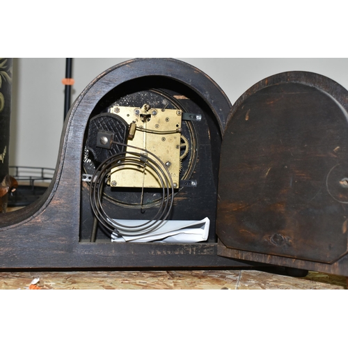 333 - A GROUP OF THREE ART DECO WOODEN CASED MANTEL CLOCKS, comprising a square stepped clock mechanism ma... 