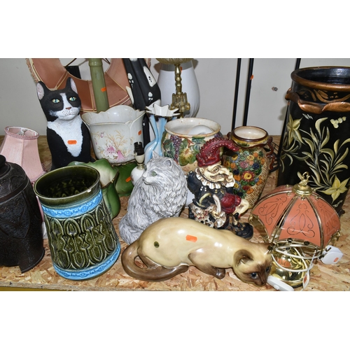 334 - A QUANTITY OF VASES AND CAT ORNAMENTS, comprising a hand painted 'Just Cats & Co.' Siamese cat figur... 