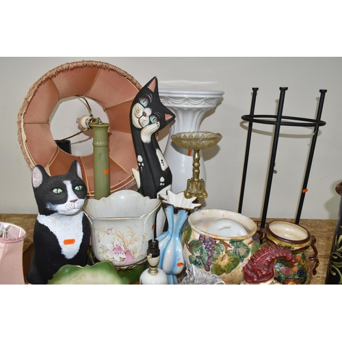 334 - A QUANTITY OF VASES AND CAT ORNAMENTS, comprising a hand painted 'Just Cats & Co.' Siamese cat figur... 